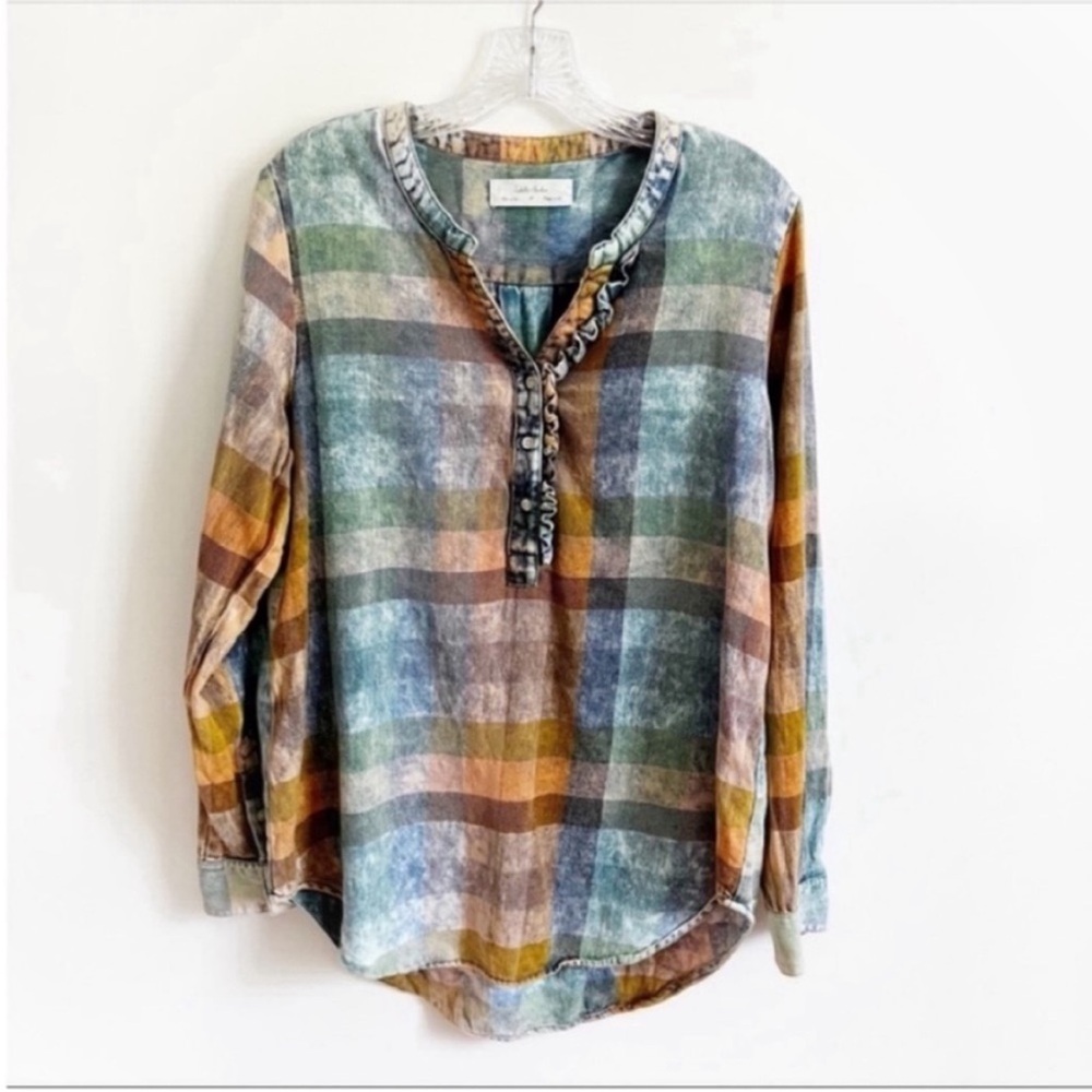Anthropologie Isabella Sinclair Ruffled Plaid Henley shirt blue orange popover - Picture 2 of 11